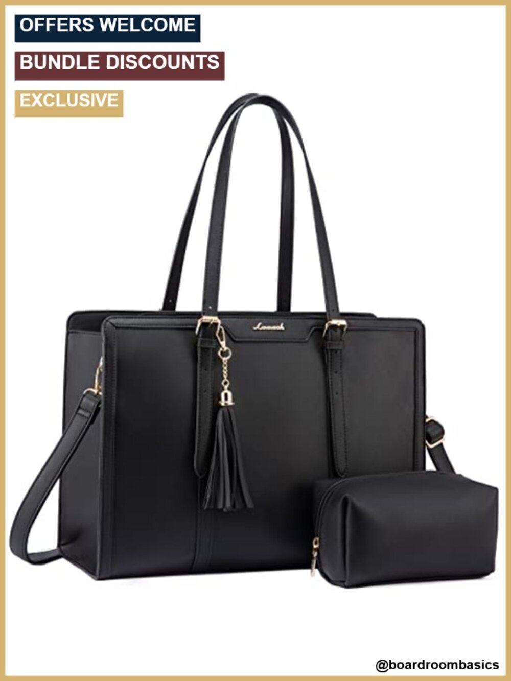 PU Leather 15.6" Laptop Tote Bag with Clutch - Waterproof, Lightweight